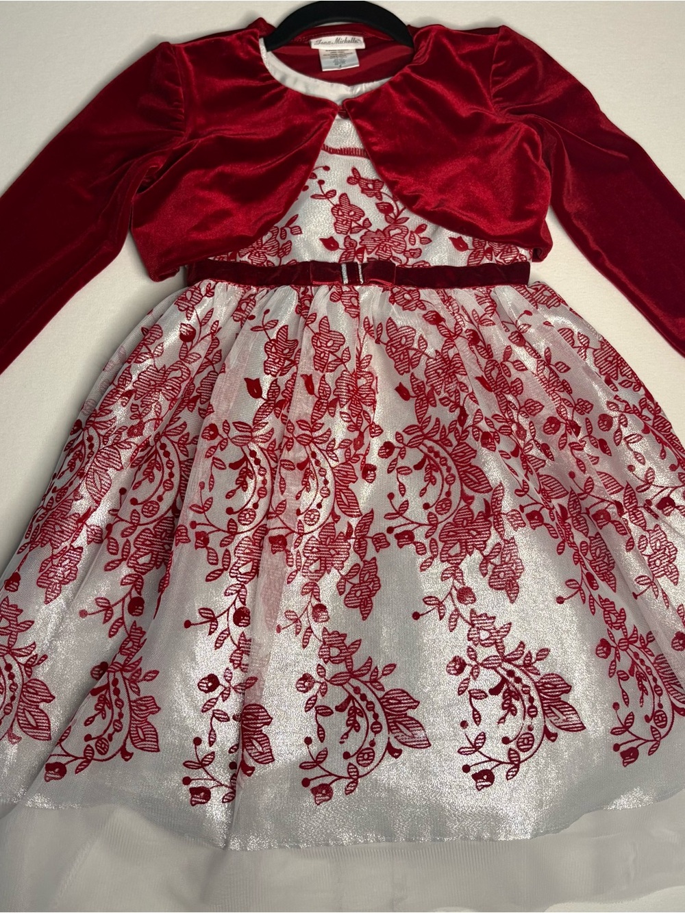 Jona Michelle Red and White Floral Velvet Bolero Dress
